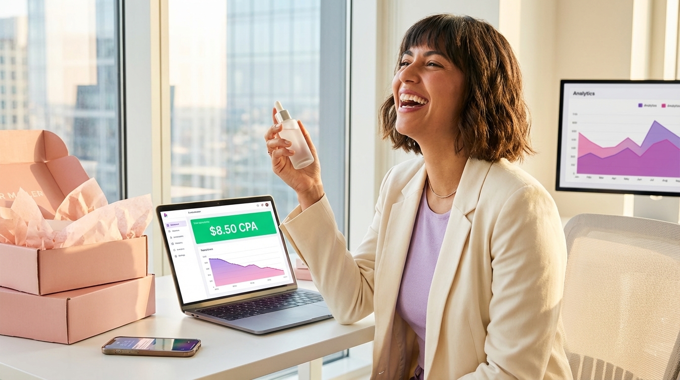 Beauty brand founder celebrating low TikTok Shop CPA while preparing creator seeding packages