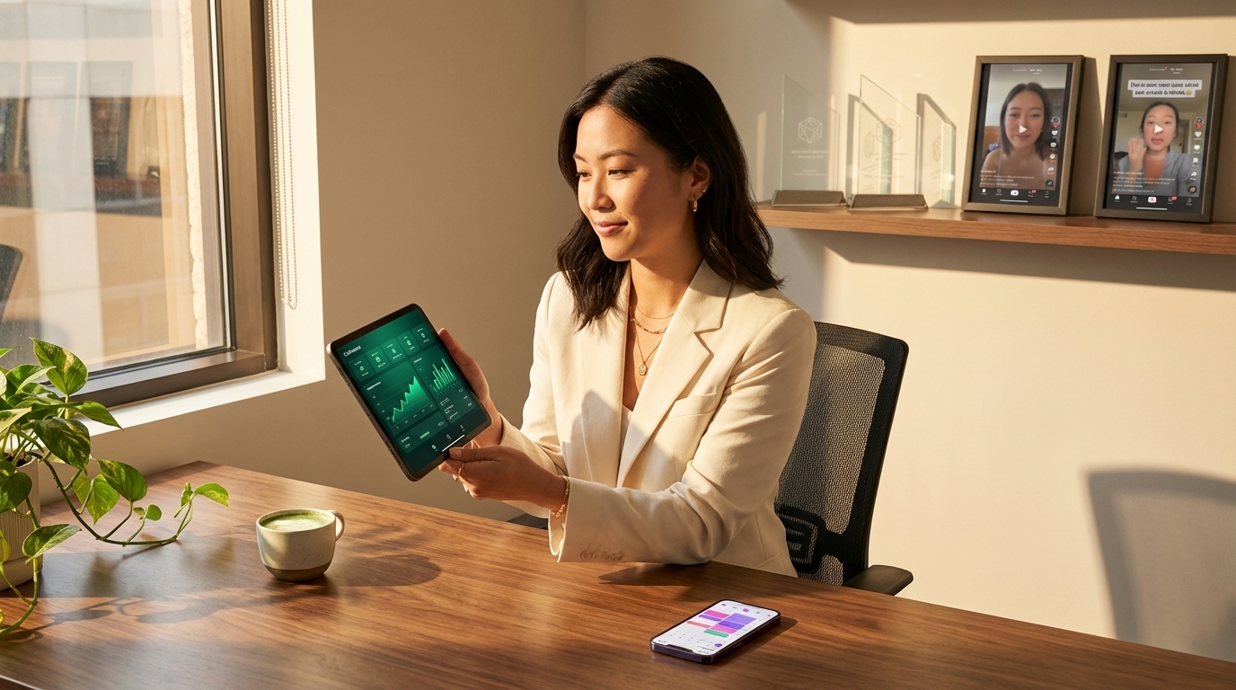 Confident brand owner reviewing above-benchmark TikTok Shop performance metrics in sunlit office