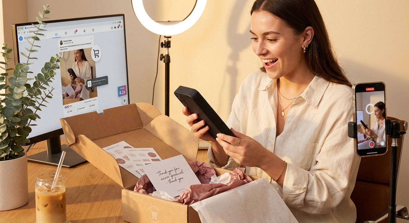 Creator excitedly unboxing TikTok Shop product seeding package in studio with Video Shopping Ad preview on monitor