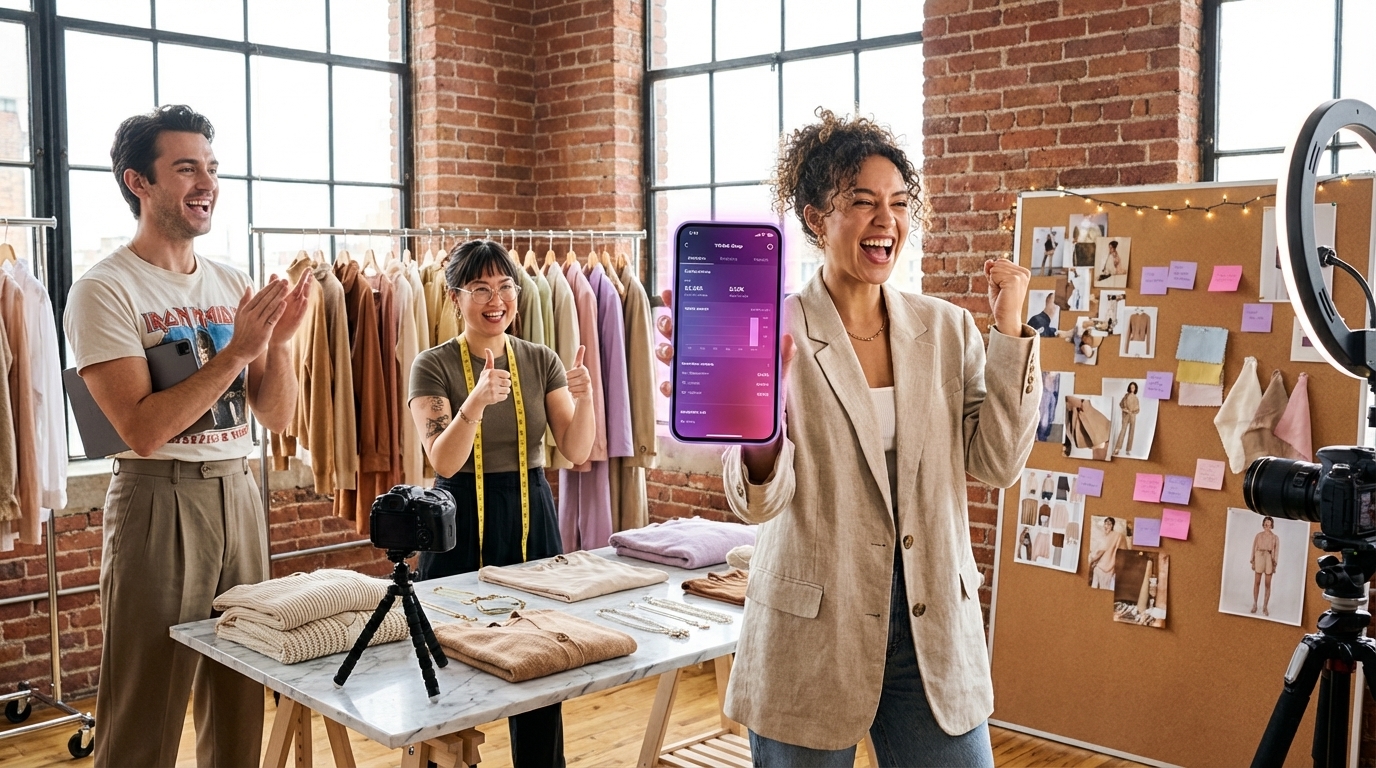 Fashion brand team reviewing high-performing TikTok Shop Video Shopping Ad metrics in creative showroom