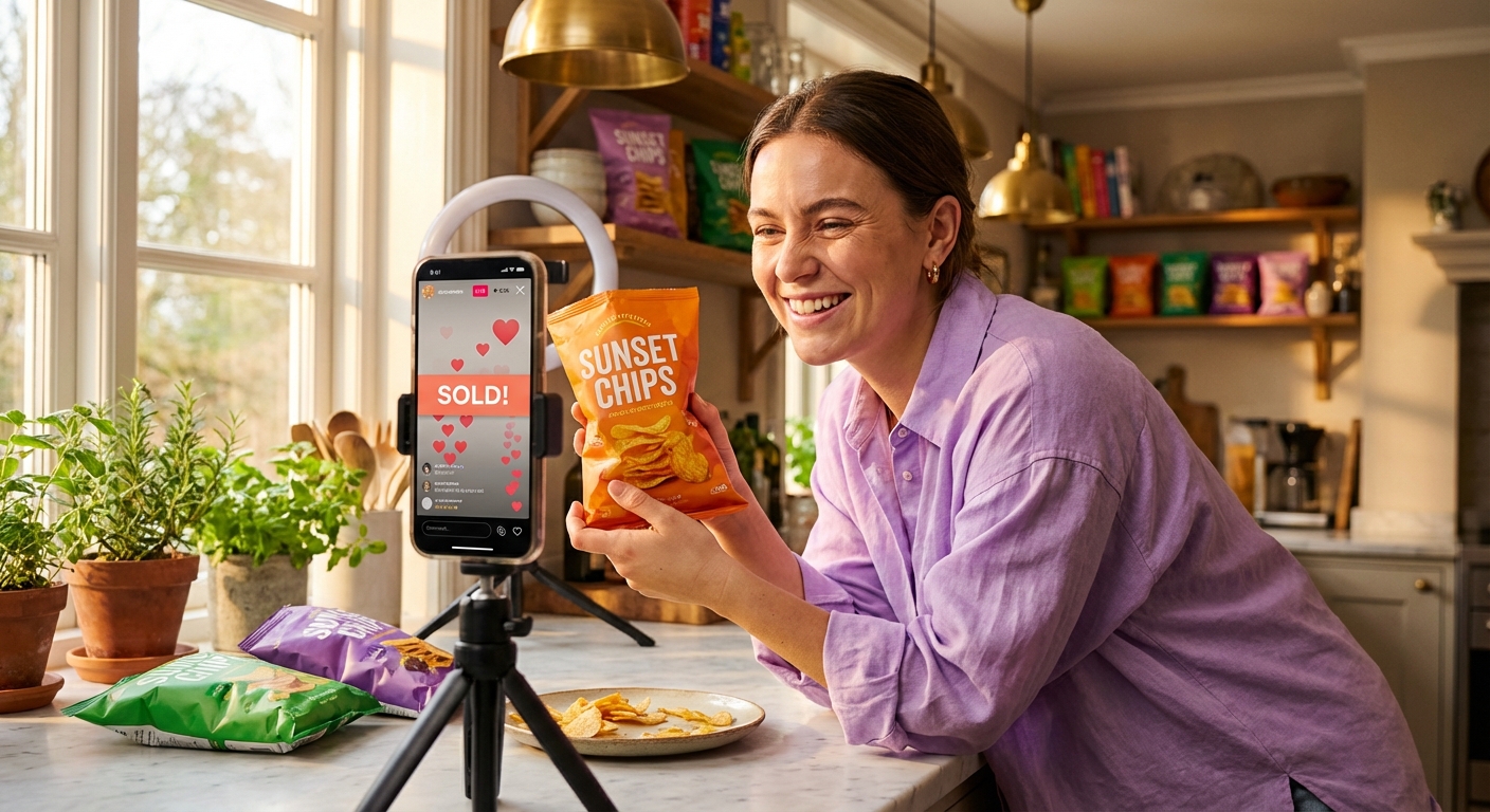 Food creator excitedly presenting snack product on TikTok Shop live stream with heart emoji engagement