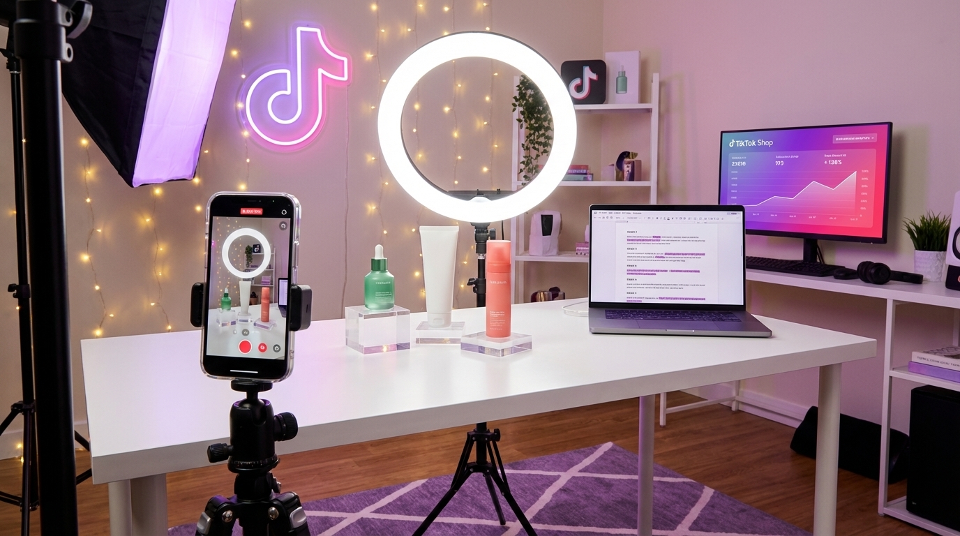Professional TikTok Shop creator studio setup with phone tripod ring lights and analytics monitor