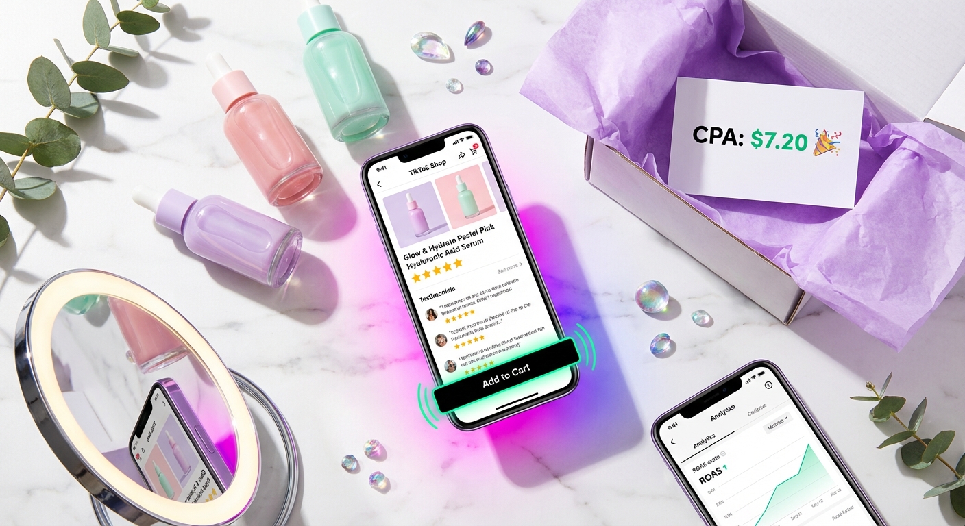 TikTok Shop beauty product flat lay with phone showing five-star reviews and low CPA results