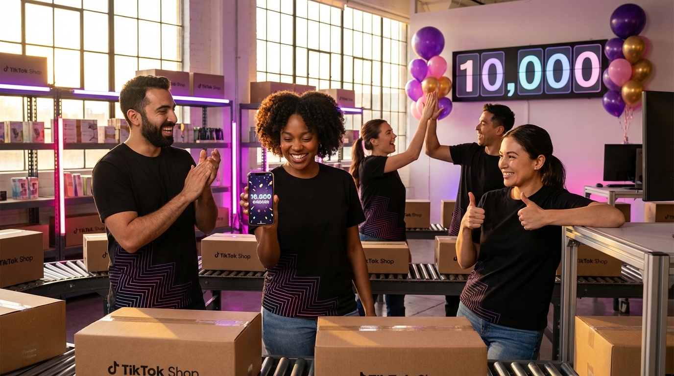 TikTok Shop fulfillment team celebrating 10000th order milestone in decorated warehouse