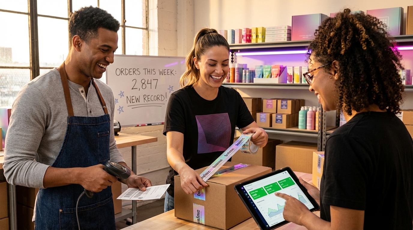 TikTok Shop fulfillment team packing branded orders in organized warehouse with order count whiteboard