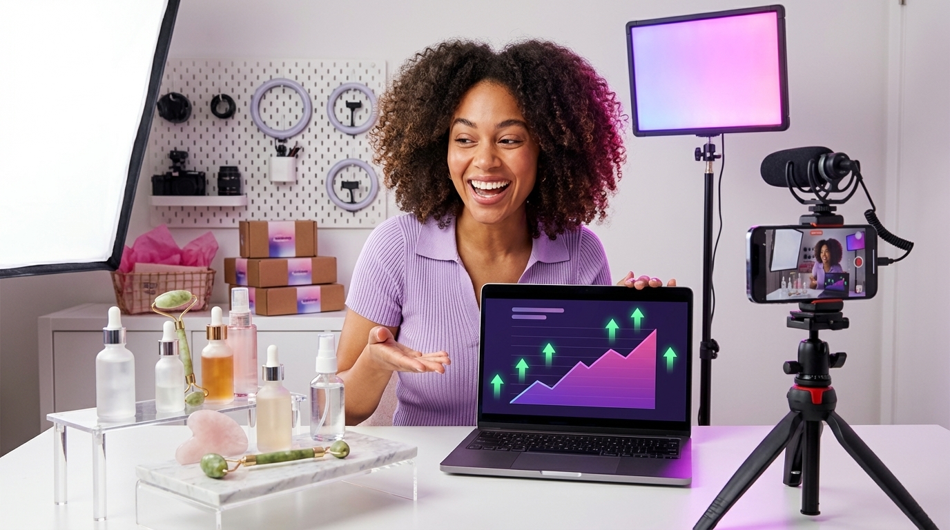 Beauty creator arranging products for TikTok Shop video with phone tripod setup and seller dashboard showing revenue