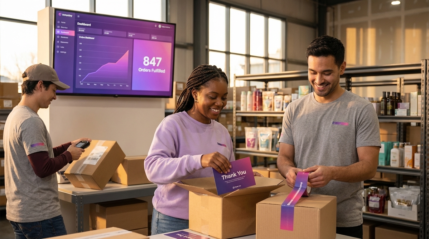 Energetic TikTok Shop fulfillment team packing branded orders in organized warehouse with order count display