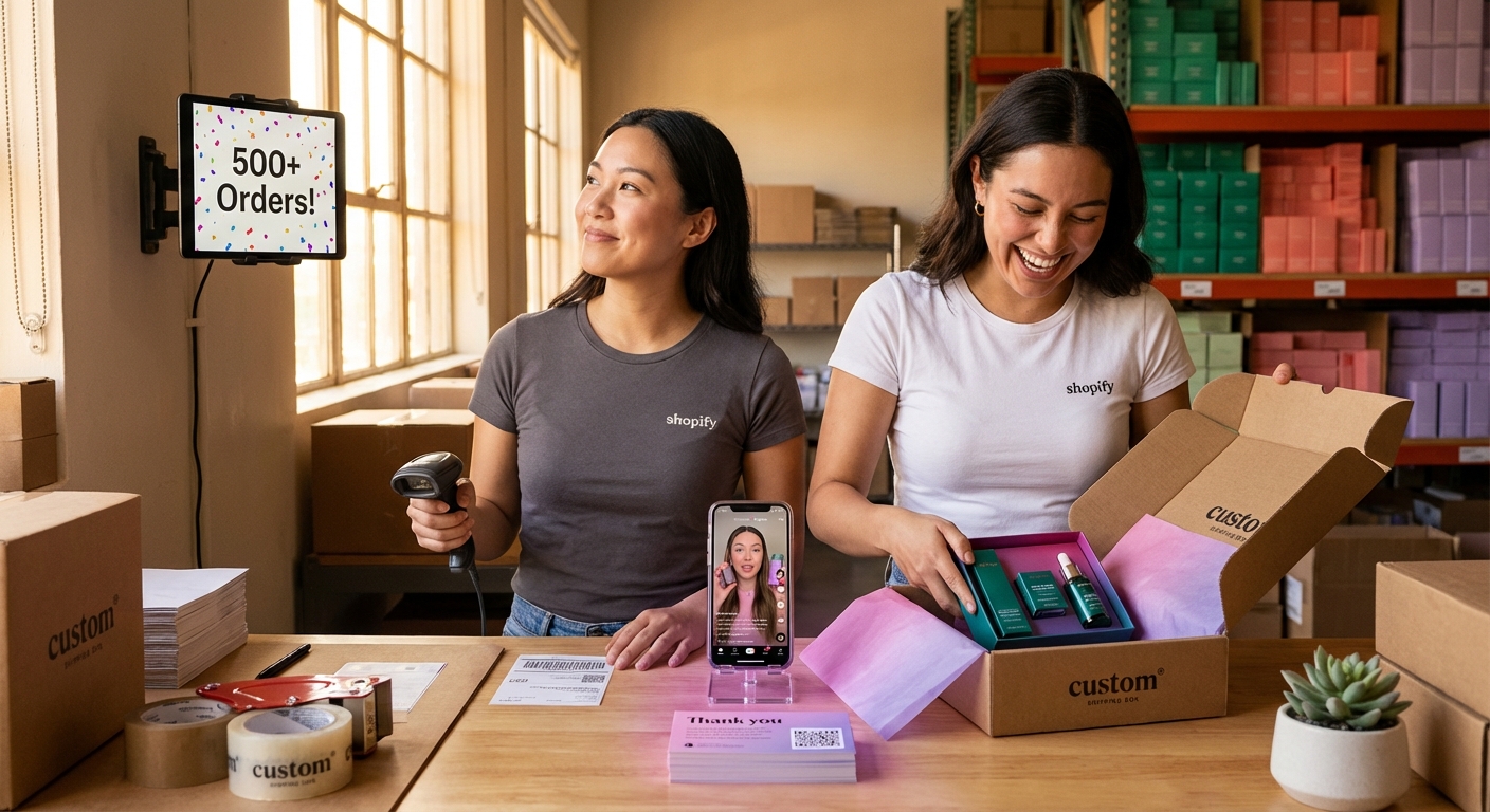 Organized TikTok Shop fulfillment team joyfully packing orders in warehouse with order count dashboard showing 500 plus sales
