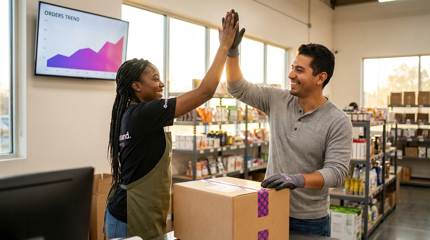 Organized TikTok Shop fulfillment warehouse with team high-fiving over branded shipping boxes and rising order dashboard