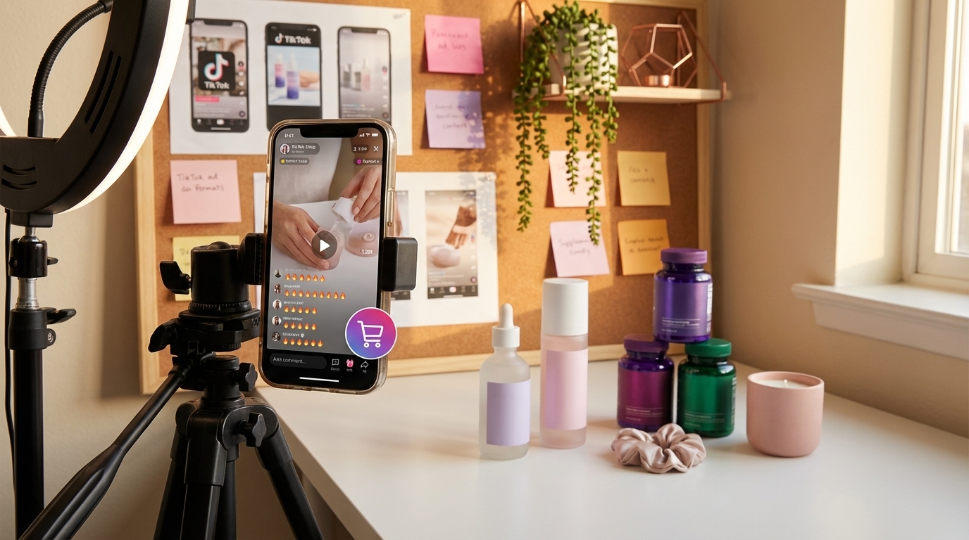 Professional TikTok Shop creator studio with phone showing viral product video and products ready for filming