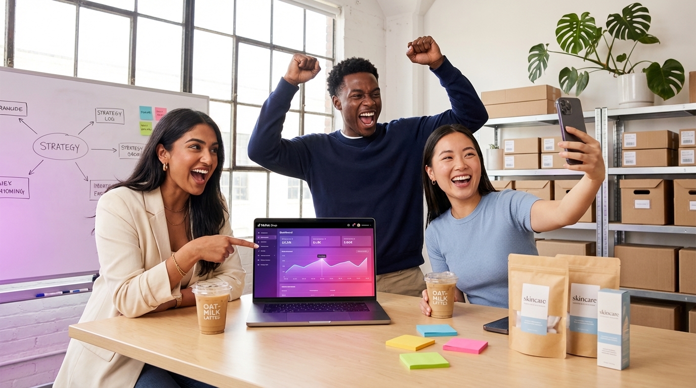 Small brand team celebrating 7-figure TikTok Shop revenue milestone at bright workspace with dashboard and products