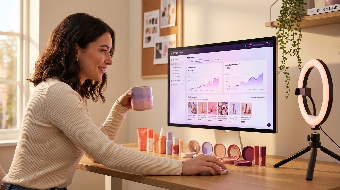 TikTok Shop content creator reviewing top-performing product video analytics at organized creative desk
