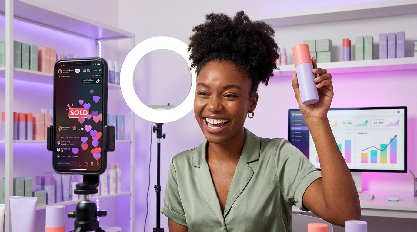 TikTok Shop creator excitedly presenting product during live stream with heart emojis and SOLD overlay on phone