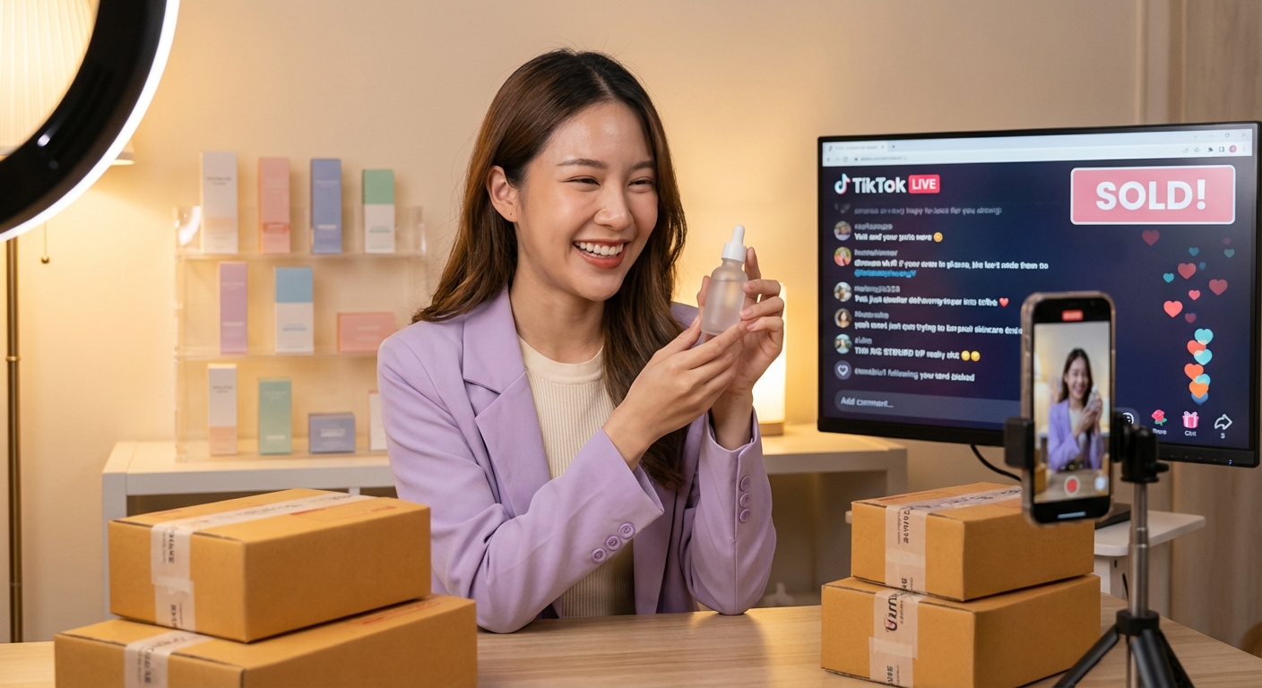 TikTok Shop creator in professional studio setup with live shopping stream showing sales and branded shipping boxes ready to fulfill