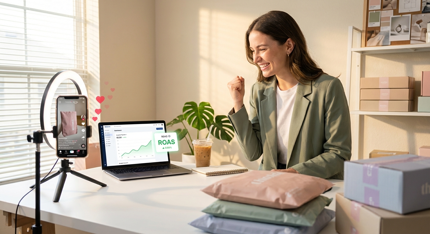 TikTok Shop seller celebrating successful conversion-optimized campaign results on her laptop dashboard