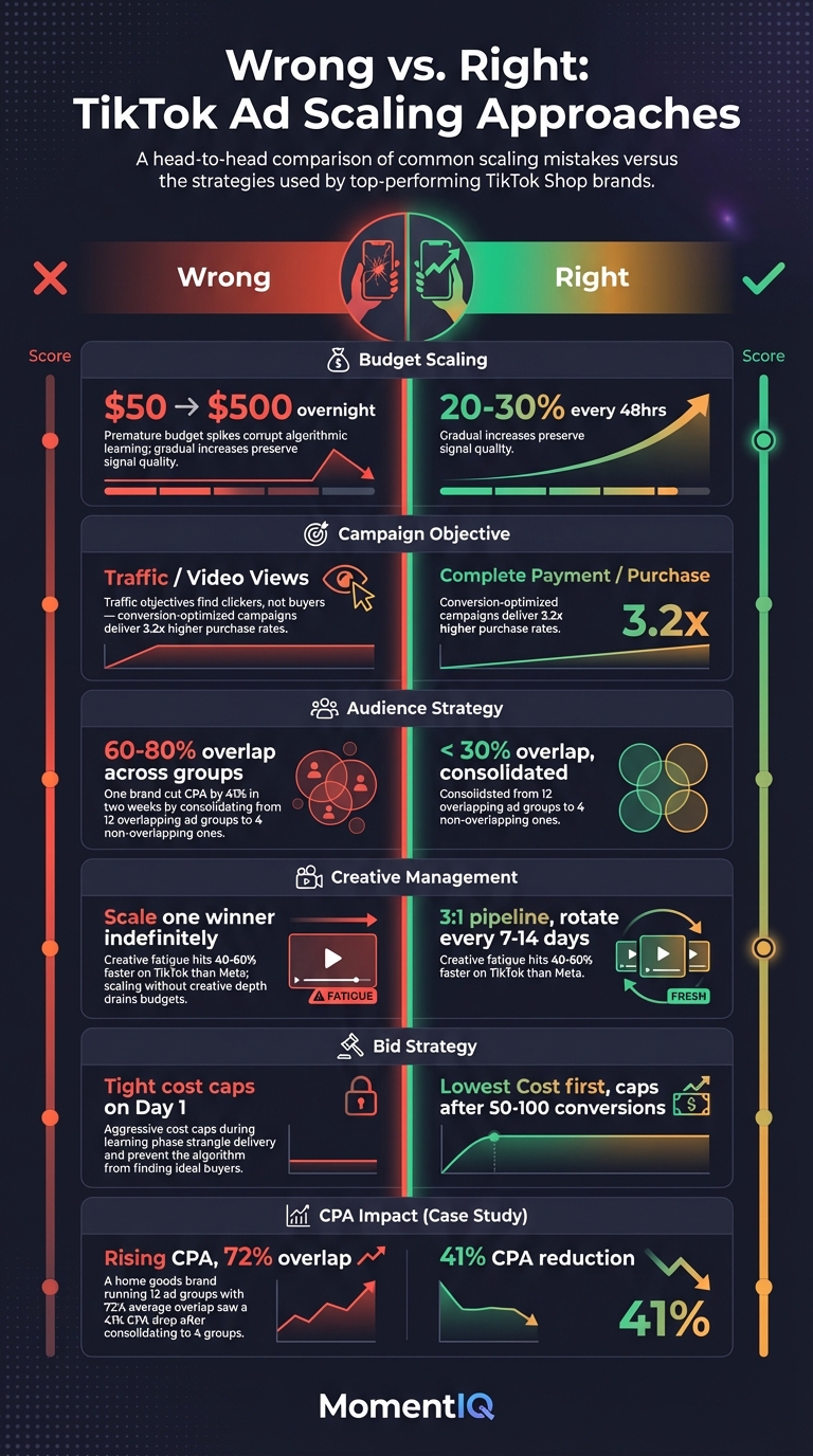 Side-by-side comparison infographic contrasting five common TikTok Shop ad scaling mistakes with correct strategies used by 7-figure brands including budget pacing, campaign objectives, audience overlap, creative rotation, and bid strategy