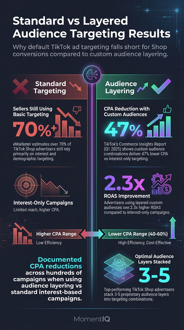 Infographic revealing TikTok Shop ad targeting secrets for 2025 with 9 audience layering strategies to reduce CPA