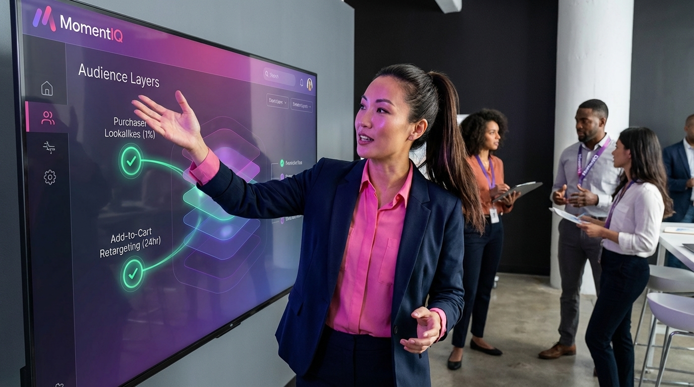 Confident brand strategist showcasing successful TikTok Shop audience layering on an interactive screen