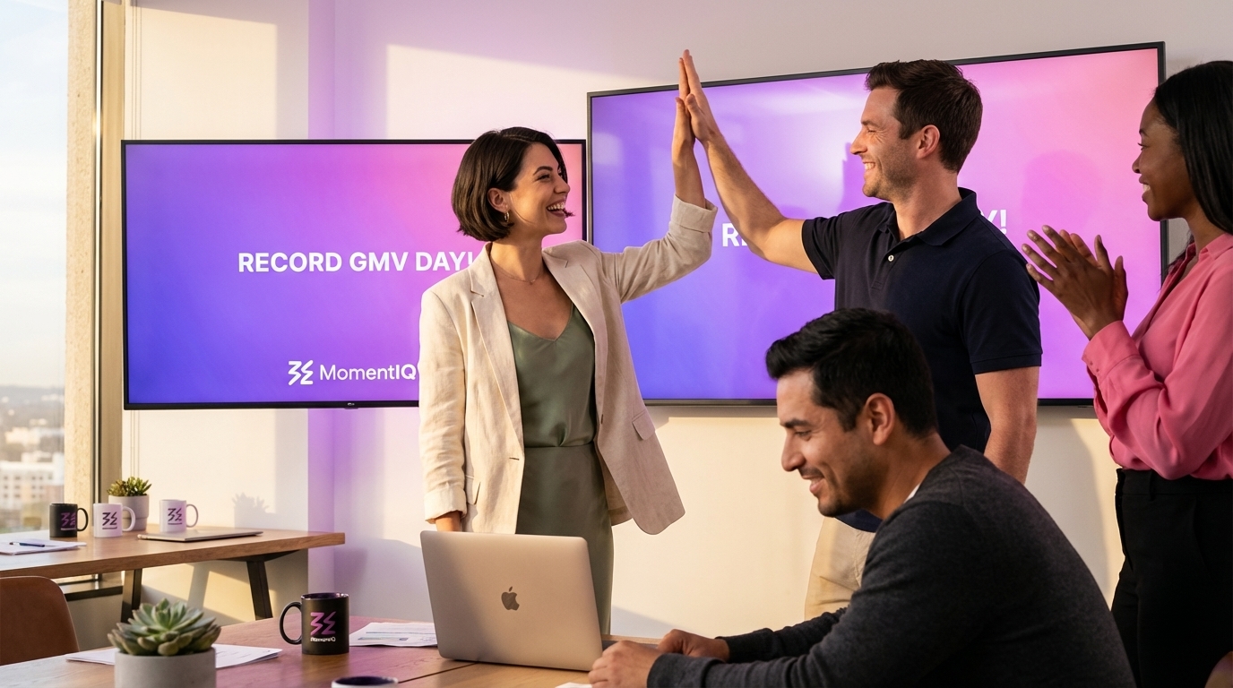 Marketing team celebrating a record GMV day for TikTok Shop in a modern office