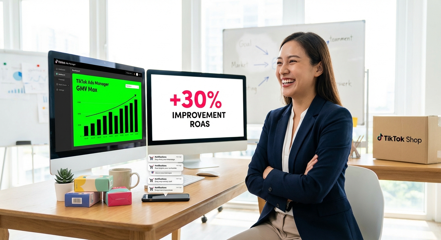 Confident TikTok Shop seller reviewing GMV Max campaign results showing improved ROAS on dual monitors