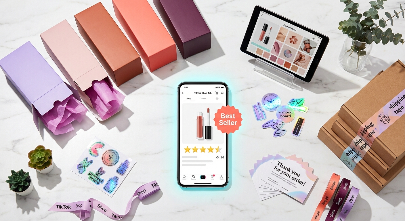 Flat lay of optimized TikTok Shop product listing on phone surrounded by premium branded packaging and products