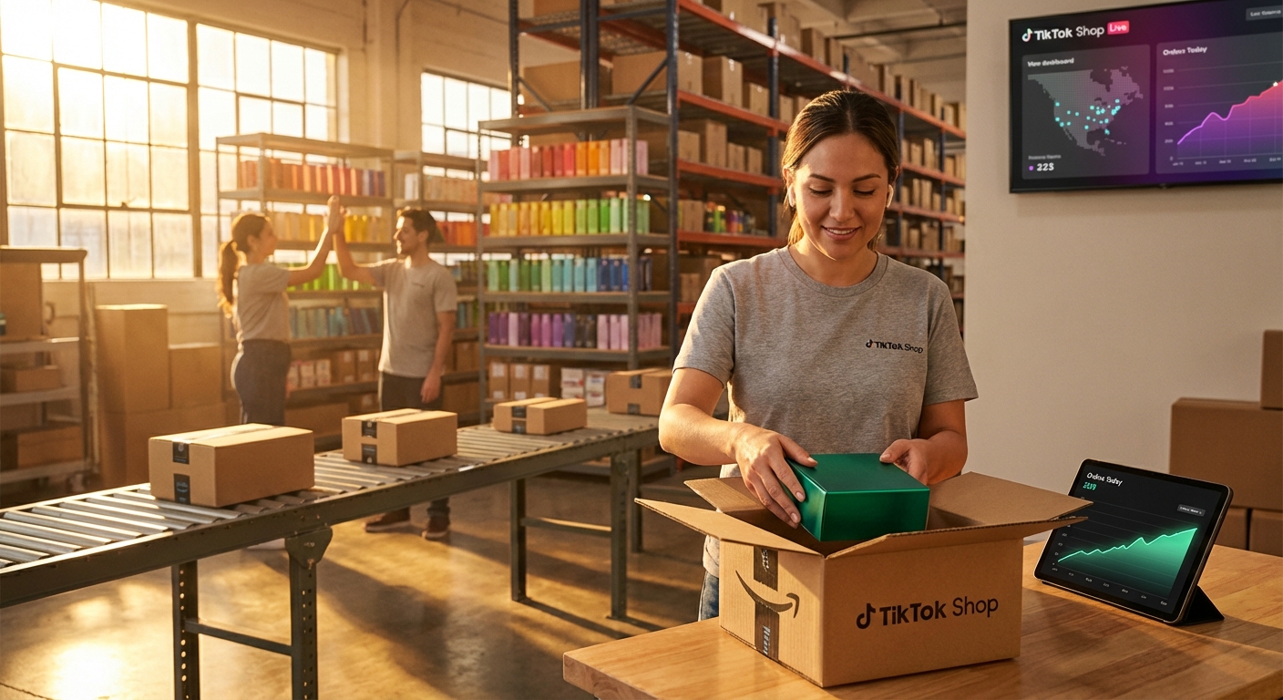 Organized TikTok Shop fulfillment warehouse with team packing orders and live sales dashboard showing growth