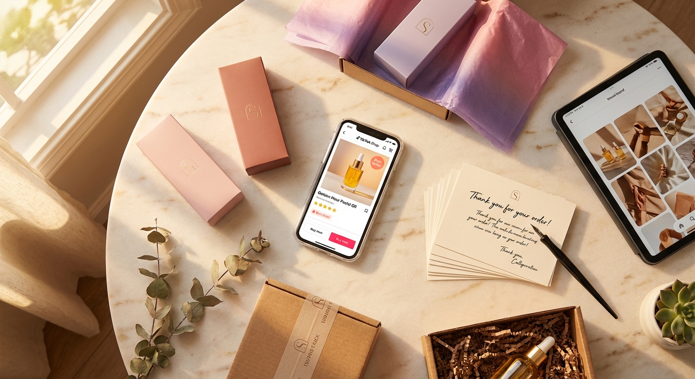 Flat lay of a curated TikTok Shop product seeding package with branded packaging, creator brief, and affiliate profile on a phone