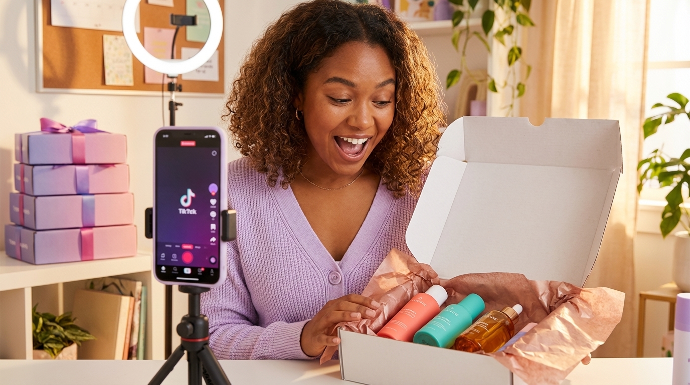 Creator excitedly unboxing TikTok Shop product seeding package while filming content for brand partnership
