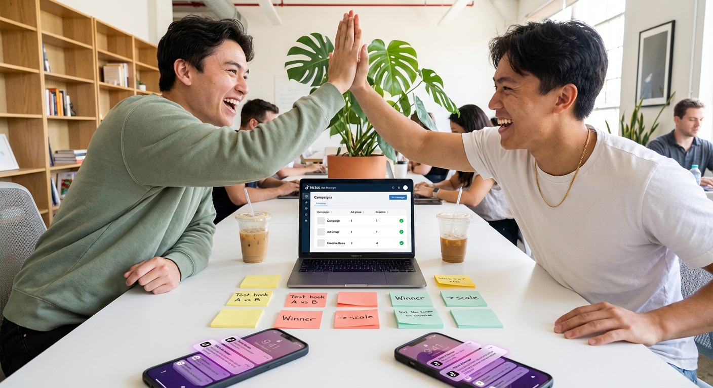 Small brand team celebrating simple TikTok Shop ad campaign structure on laptop with high-five