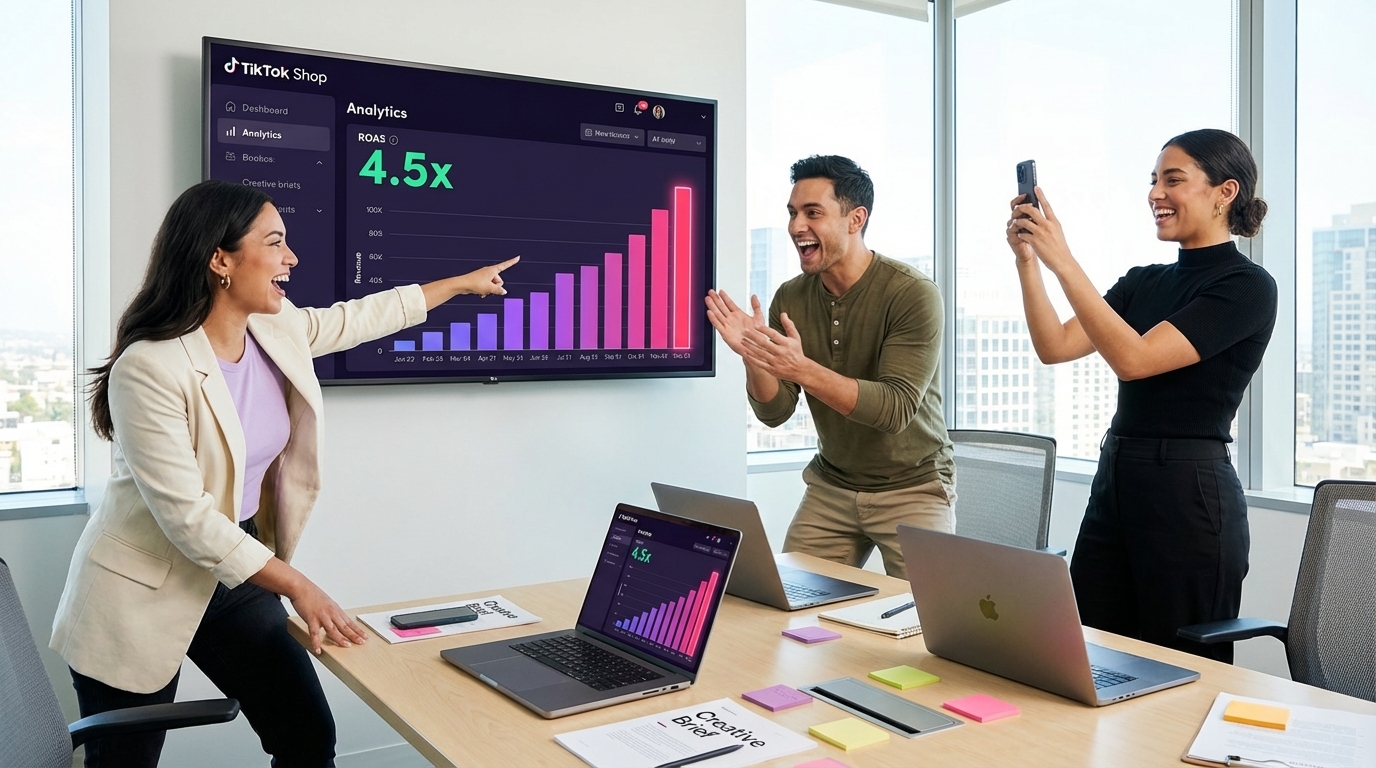 Team celebrating 4.5x ROAS results on TikTok Shop ads dashboard in modern agency office