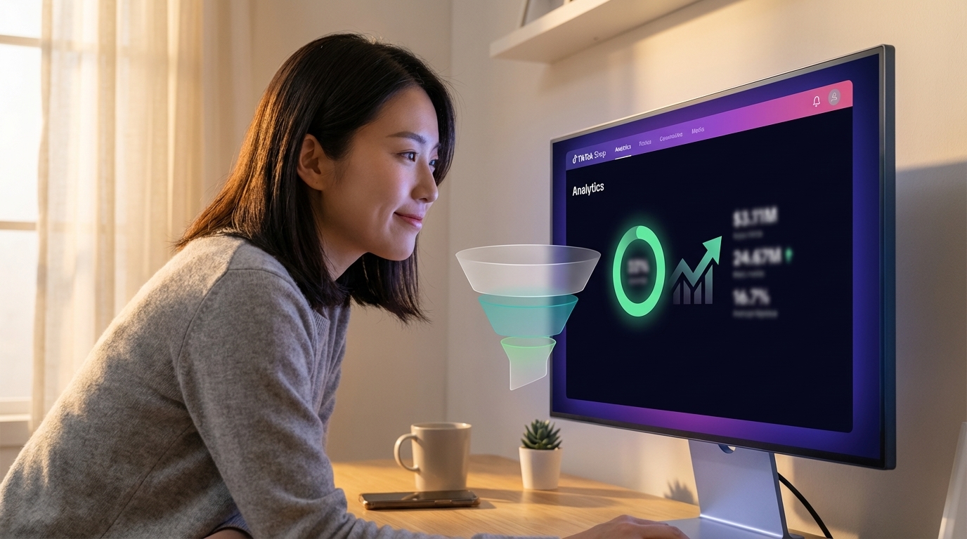 TikTok Shop ads performance dashboard showing strong CPA conversion rate and $20 daily budget with positive metrics