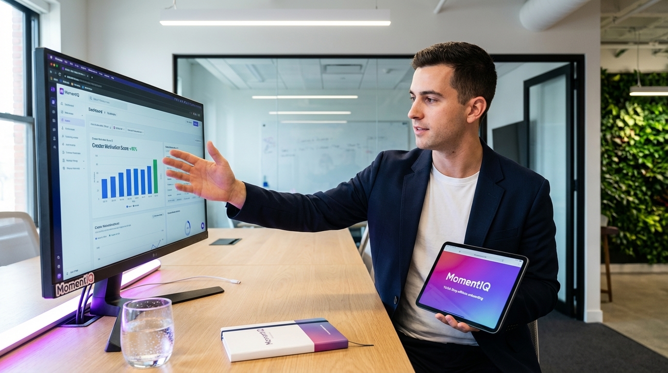 Brand strategist reviewing TikTok Shop analytics dashboard showing 90% creator motivation increase with tiered rates.