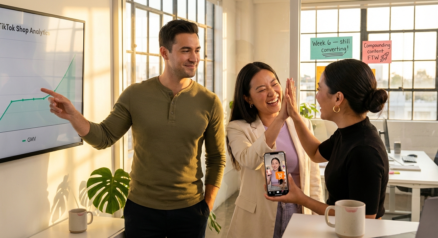 Brand team celebrating as TikTok Shop affiliate video continues generating sales weeks after posting shown on analytics dashboard