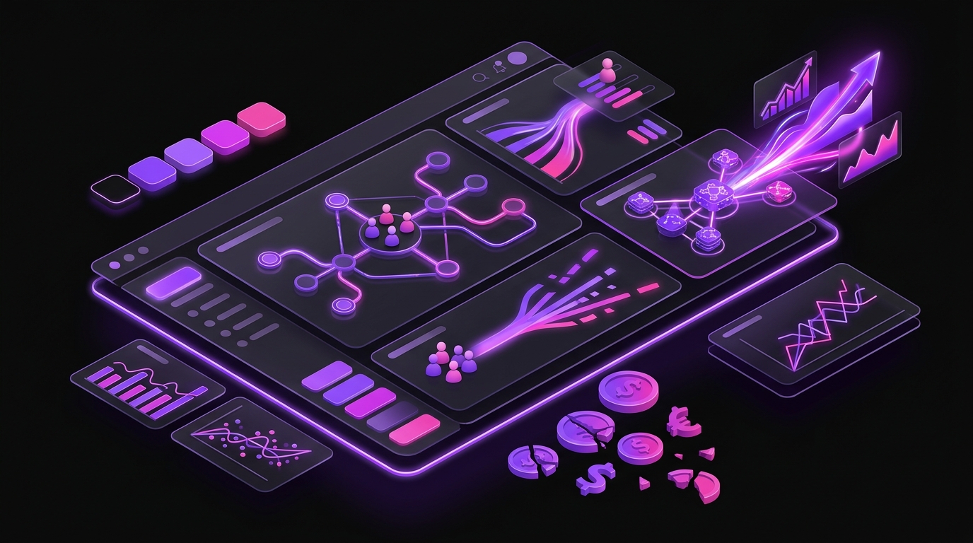 Dark isometric dashboard illustration with glowing purple charts and metric tiles for "Why Do In-House Teams Struggle with Affiliate Marketing?"
