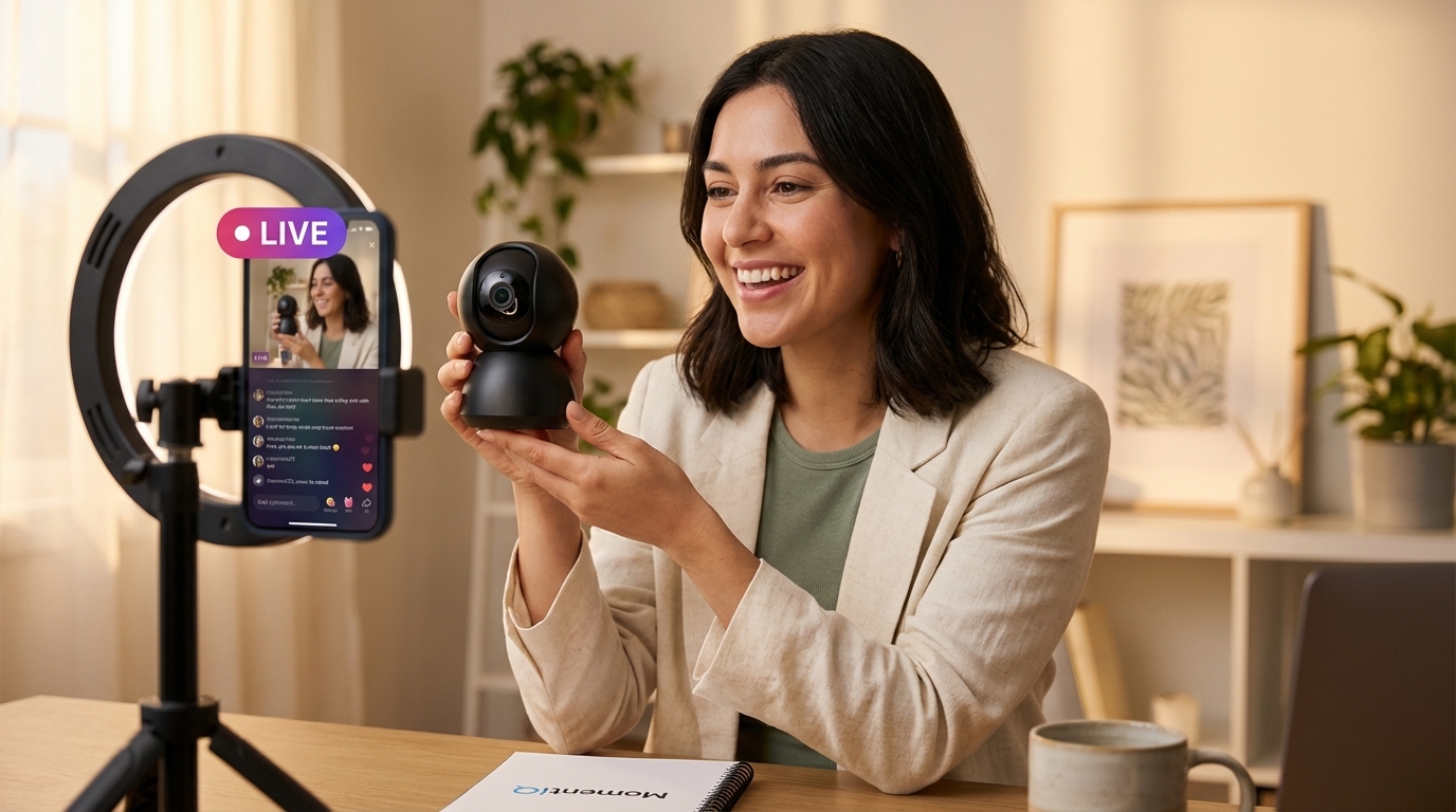 An energetic creator enthusiastically demonstrating a product for a TikTok video, showcasing dynamic content creation for product promotion.