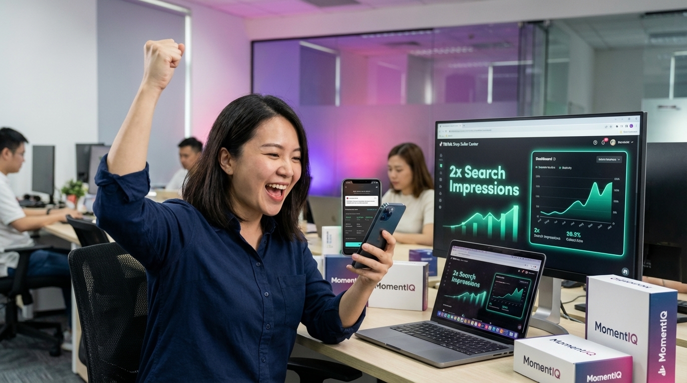 Entrepreneur celebrating doubled TikTok Shop search impressions after keyword optimization with analytics on screen