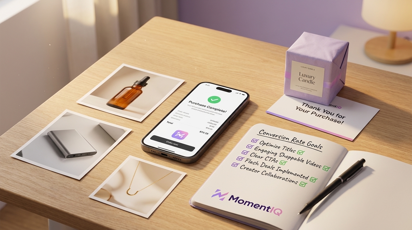 Flat lay of a smartphone showing a successful TikTok Shop purchase, surrounded by conversion-optimized elements.