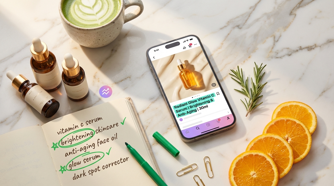 A flat lay of several beautifully optimized TikTok Shop product images displayed on a tablet and phone, surrounded by marketing tools.