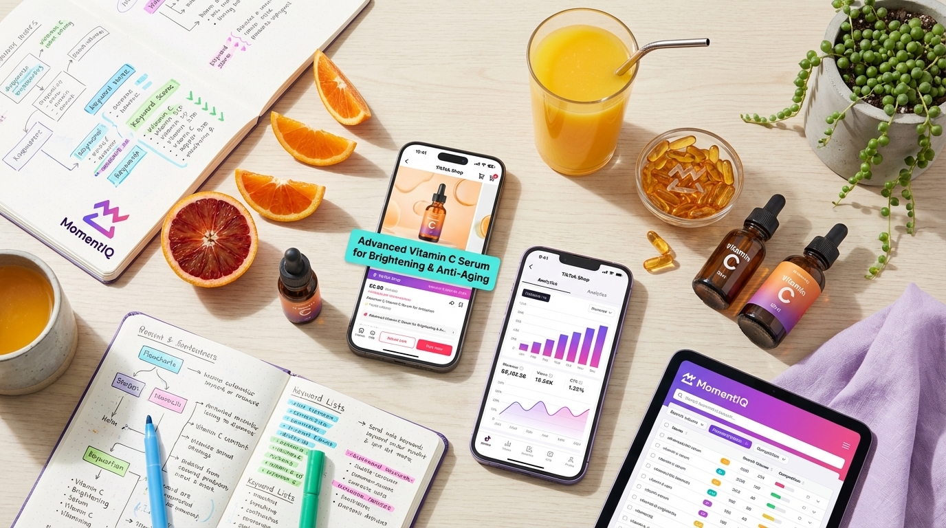 Flat lay of optimized TikTok Shop product listing on phone surrounded by vitamin C serum bottles and keyword research notes