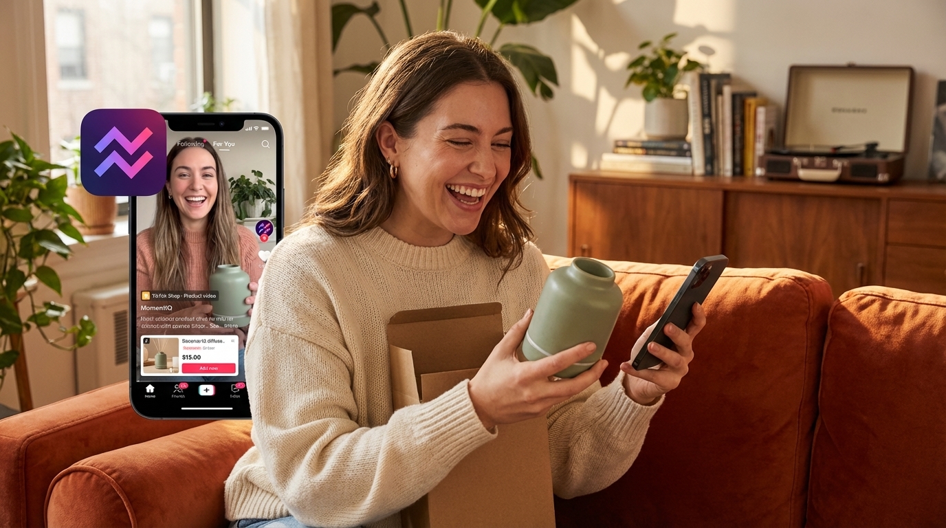 A happy customer smiling while unboxing a new product received from TikTok Shop, highlighting a positive customer experience that encourages reviews.