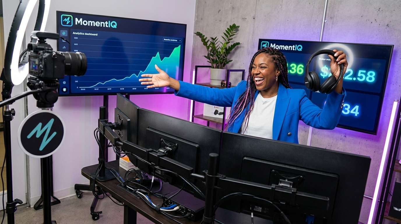 High-energy TikTok Shop live stream host presenting a product with a triumphant grin.