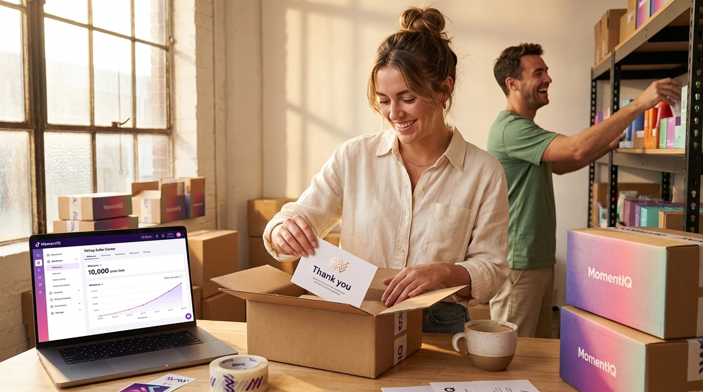 A bustling and thriving TikTok Shop fulfillment space, with workers efficiently managing multiple products for a diverse SKU ecosystem.