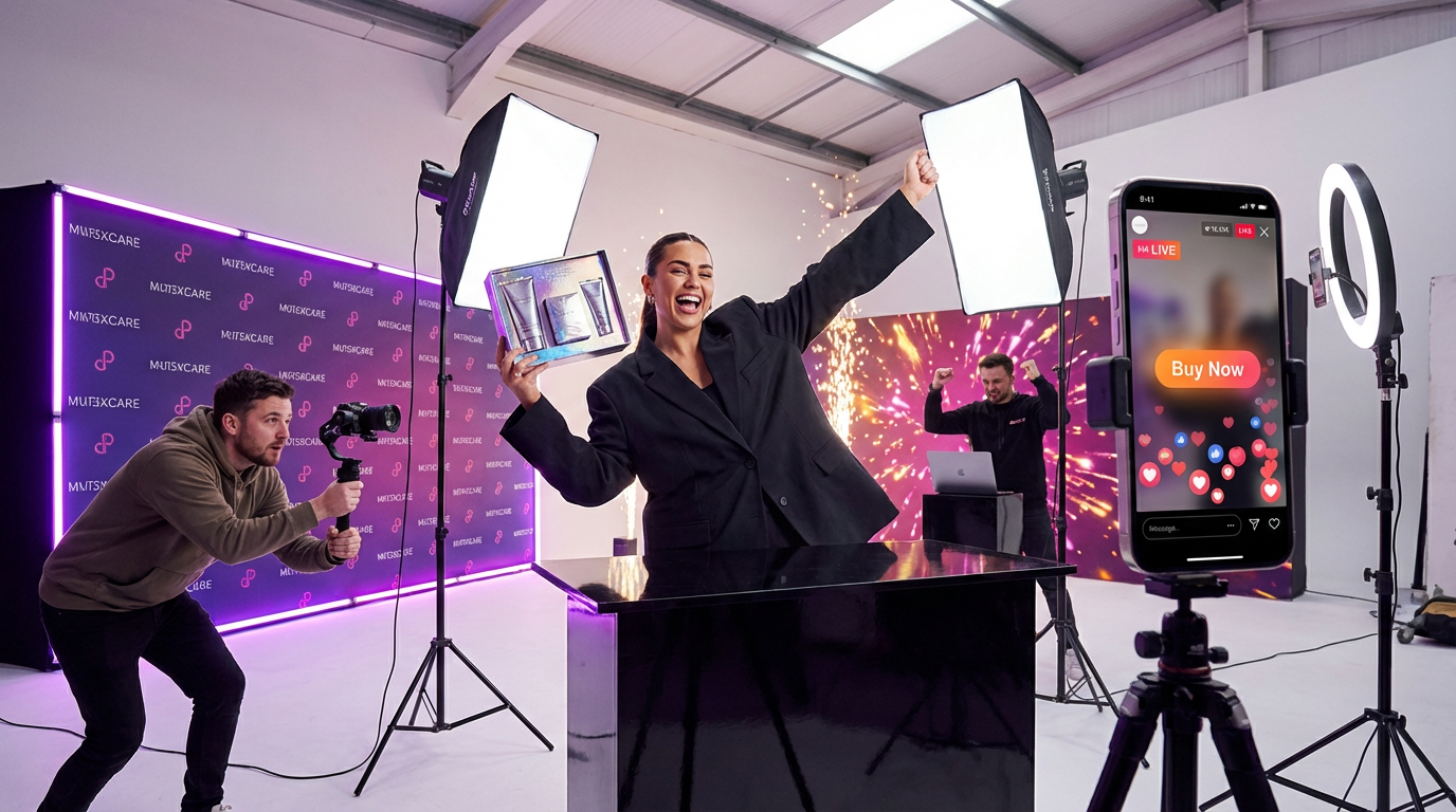 Influencer unboxing new product during exciting TikTok Shop launch event with branded backdrop and camera crew