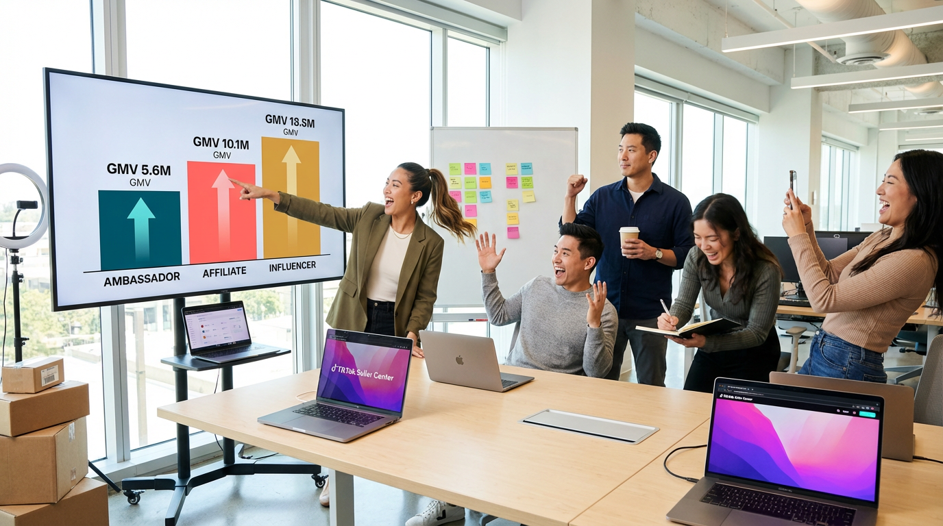 TikTok Shop brand team excitedly reviewing future CRM tools and loyalty features on a large monitor