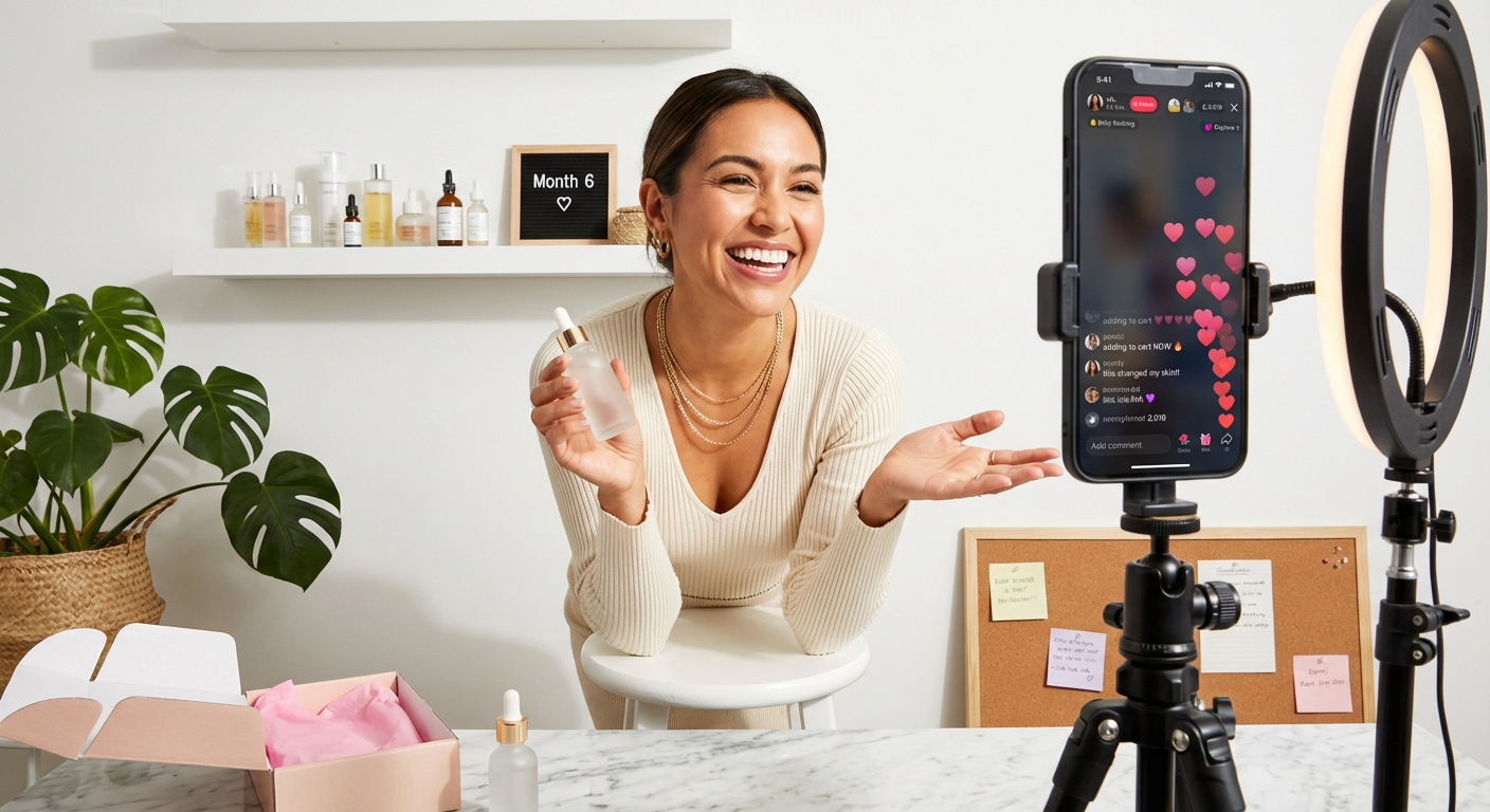 TikTok Shop brand ambassador creator filming product review in professional home studio with ring light