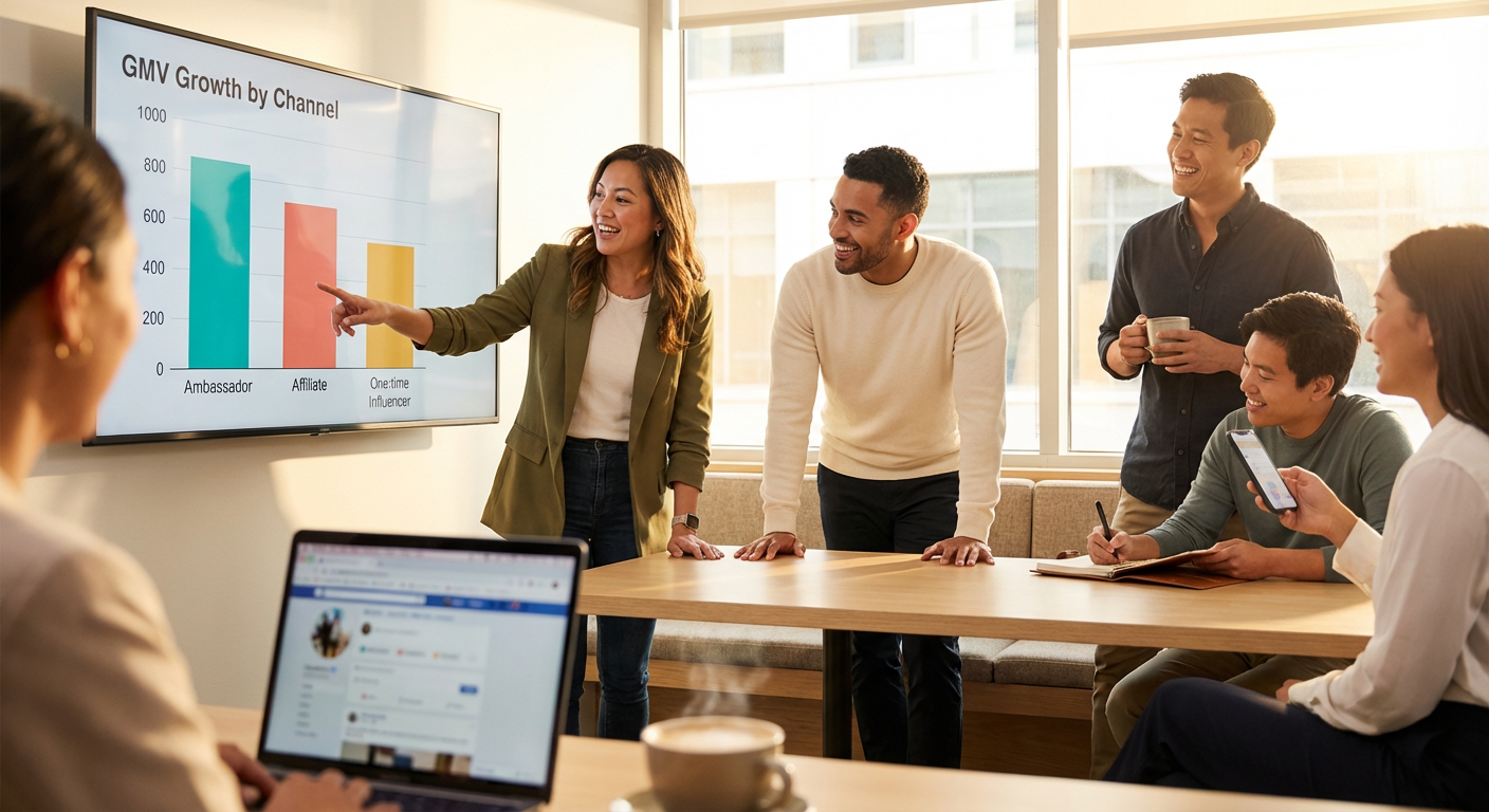 TikTok Shop brand team excitedly reviewing creator partnership revenue benchmarks and performance data on large screen