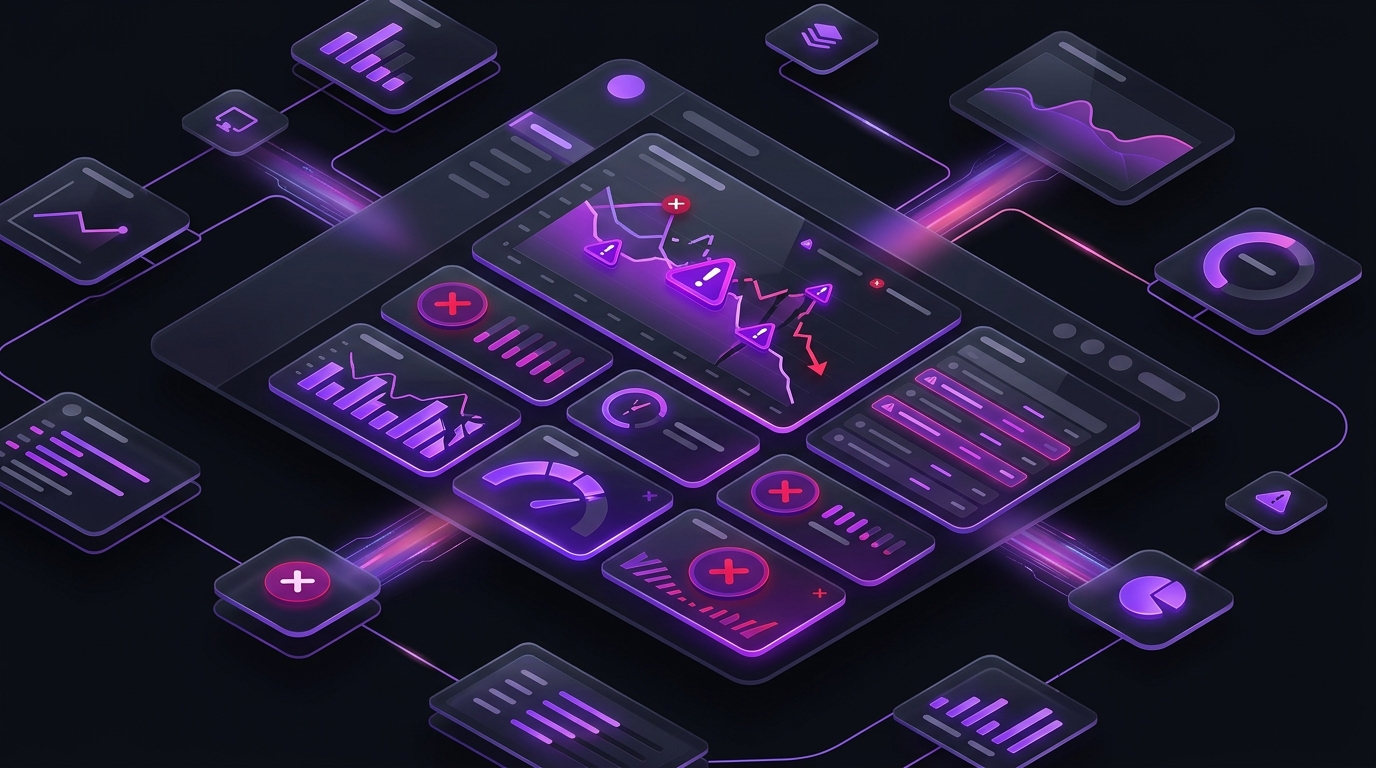 Dark isometric dashboard illustration with glowing purple charts and metric tiles for "The Reality of a Store Suspension"