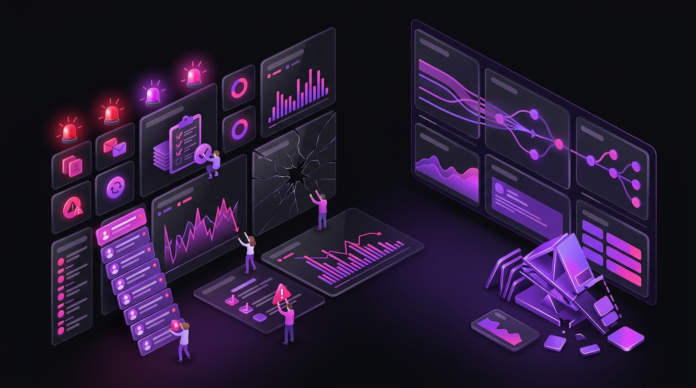 Dark isometric dashboard illustration with glowing purple charts and metric tiles for "Why In-House Teams Struggle During a Crisis"