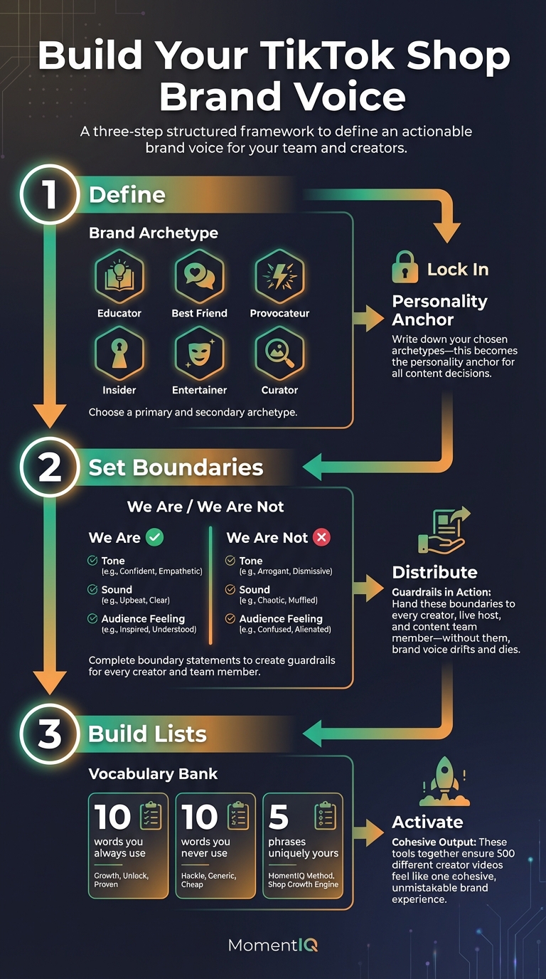 Process flow infographic illustrating three steps to build a TikTok Shop brand voice: defining archetypes, setting we are we are not boundaries, and building a vocabulary bank