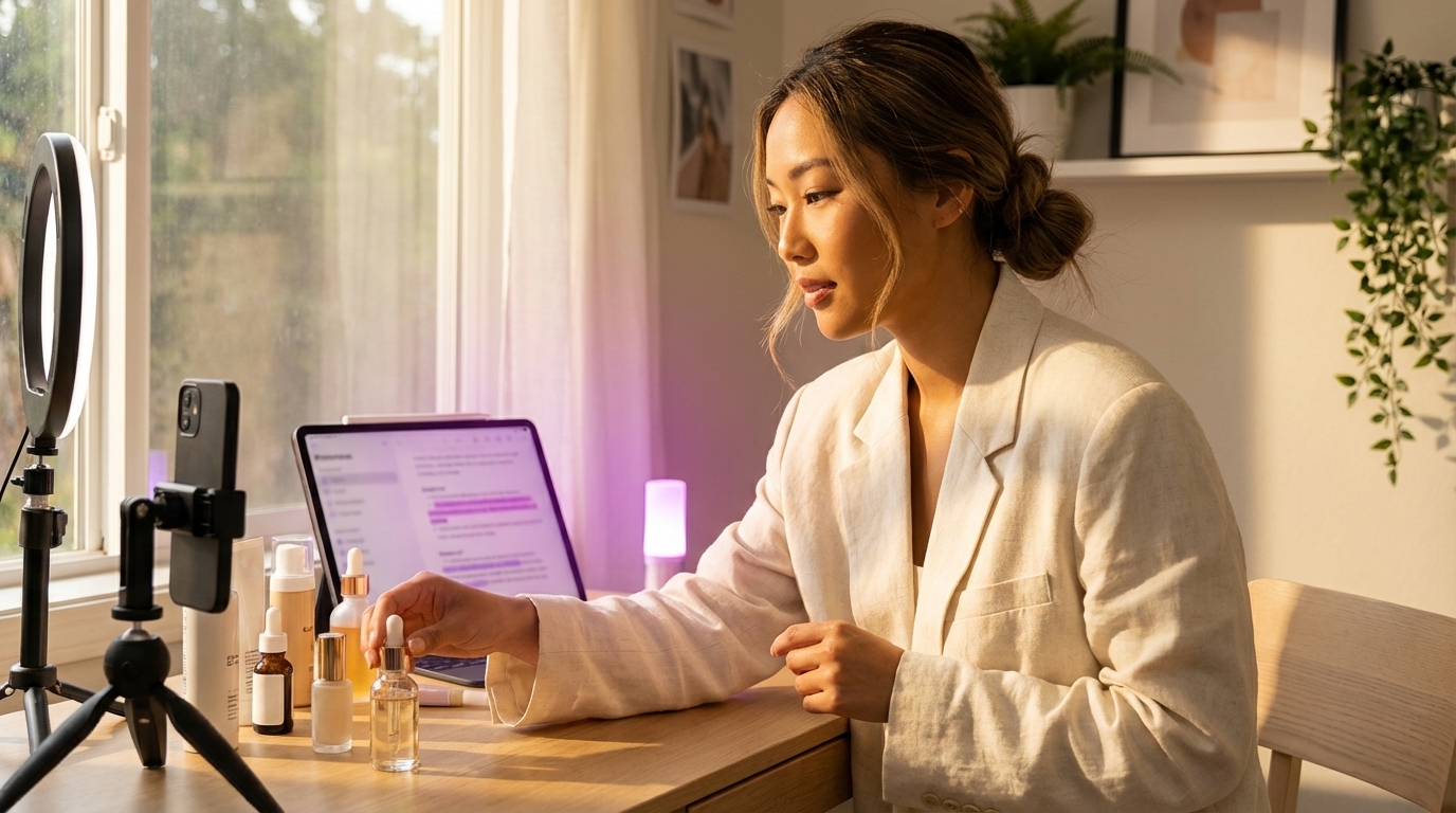Beauty creator filming setup for TikTok Shop with branded skincare tone-of-voice guide and ring light